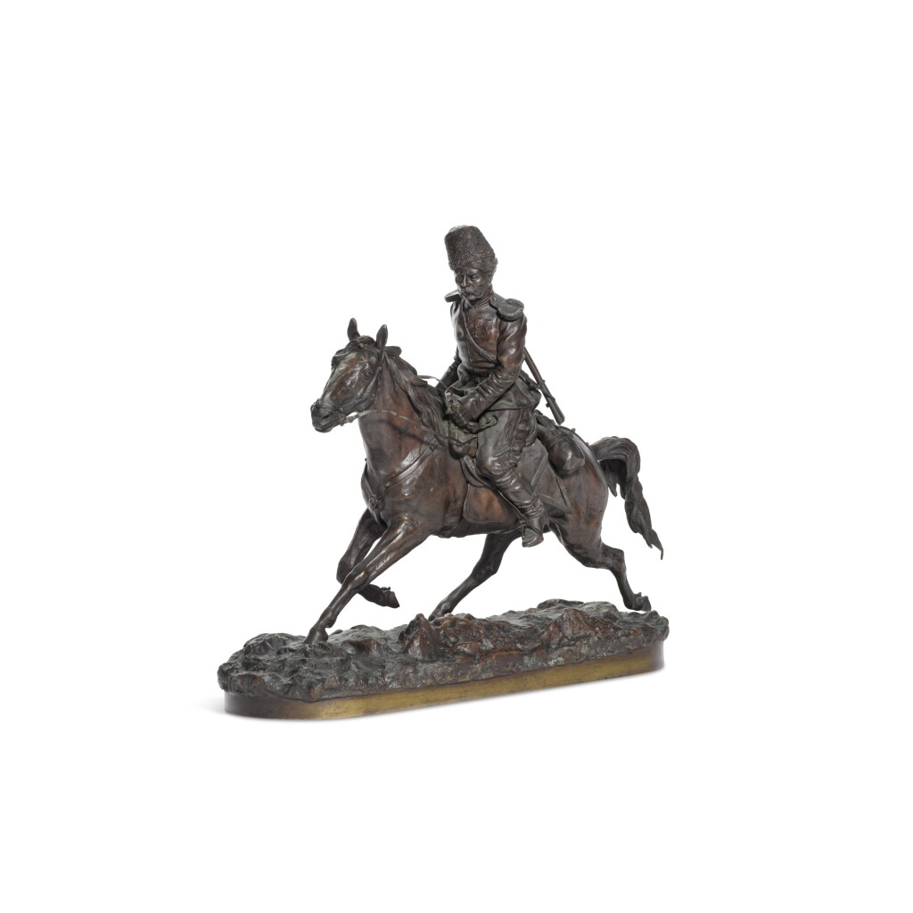 View full screen - View 1 of Lot 364. Cossack on Horseback: a bronze figural sculpture, after Petr Samonoff, cast by Woerffel Foundry, St Petersburg, 19th century.
