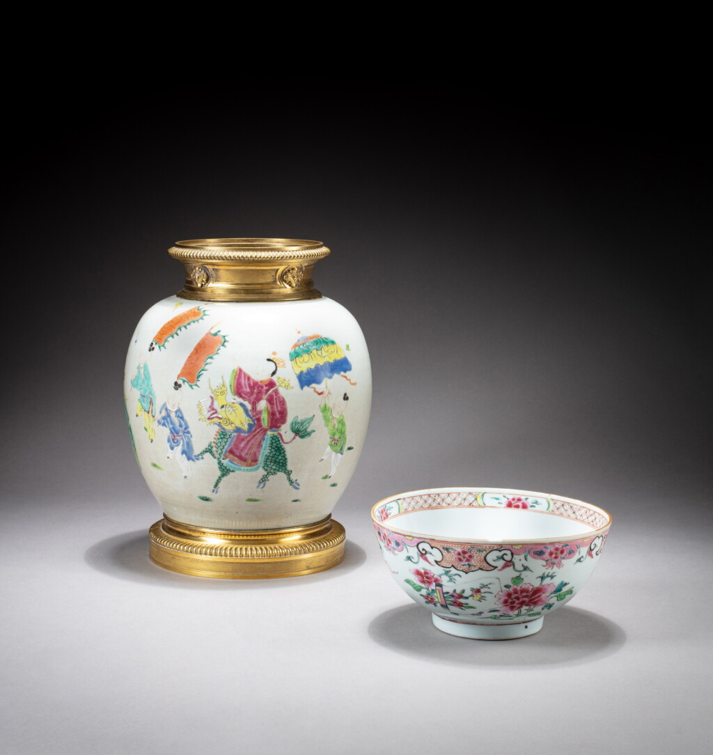 View full screen - View 1 of Lot 77. A famille-rose gilt-bronze mounted vase and a famille rose bowl, Qing dynasty, 18th-19th century | 清十八至十九世紀 粉彩人物故事紋罐 後鑲鎏金口及底座 及 粉彩花卉紋盌.