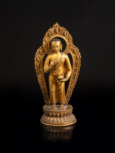 View full screen - View 1 of Lot 98. An inscribed gilt-bronze figure of Shariputra, Tibet, 17th / 18th century | 十七 / 十八世紀 藏傳鎏金銅舍利弗立像.