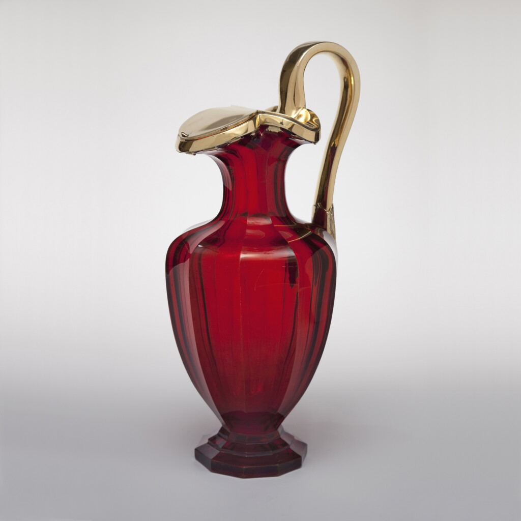View full screen - View 1 of Lot 7. A VICTORIAN SILVER-GILT MOUNTED RUBY GLASS CLARET JUG | CHARLES T. & GEORGE FOX, LONDON | 1858.