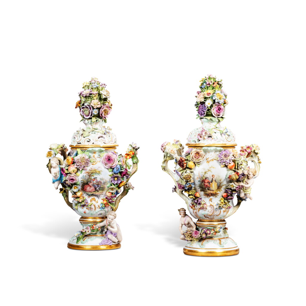 View full screen - View 1 of Lot 151. A pair of Meissen porcelain flower-encrusted two-handled vases and covers, late 19th century.
