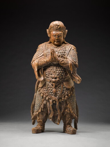 View full screen - View 1 of Lot 195. A large carved wood figure of Weituo, Late Ming dynasty | 晚明 漆金木韋陀立像.
