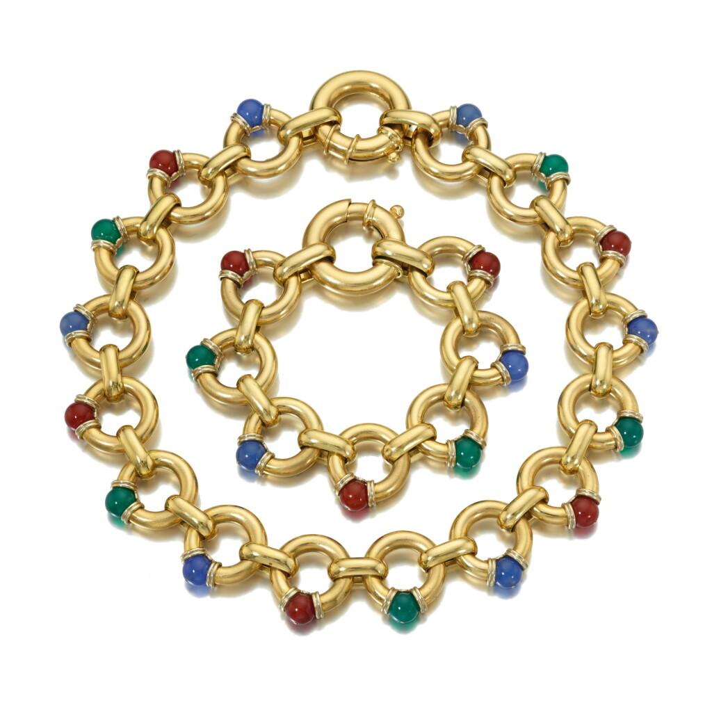 View full screen - View 1 of Lot 985. Gold and gem set demi-parure, 1980s.