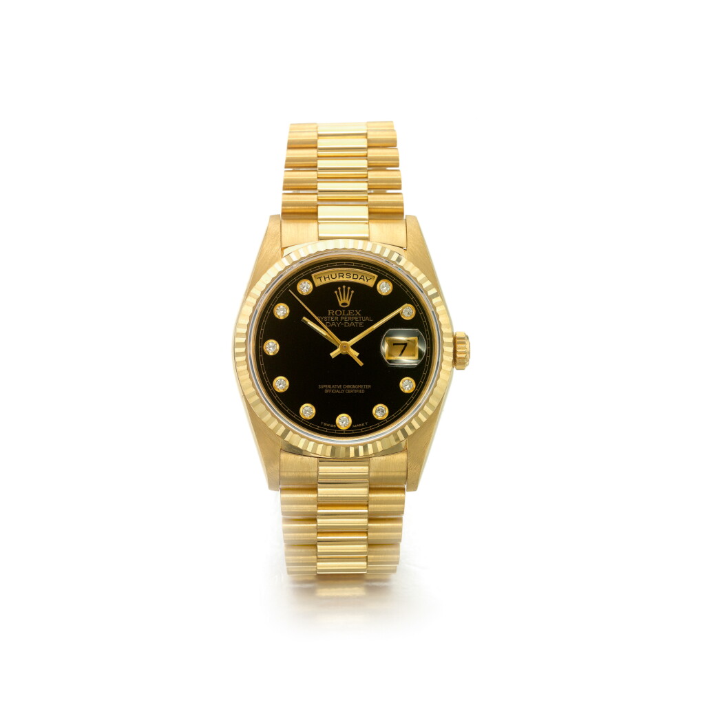View full screen - View 1 of Lot 860. ROLEX | REF 18238 DAY-DATE, A YELLOW GOLD AND DIAMOND-SET AUTOMATIC CENTER SECONDS WRISTWATCH WITH DAY DATE AND BRACELET, CIRCA 1990 | 勞力士 | 18238型號「DAY-DATE」黃金鑲鑽石自動上鏈鍊帶腕錶備星期及日期顯示,年份約1990.
