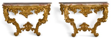 View full screen - View 1 of Lot 120. A PAIR OF ROCOCO STYLE CARVED GILTWOOD CONSOLE TABLES, PROBABLY FRENCH LATE 19TH CENTURY.