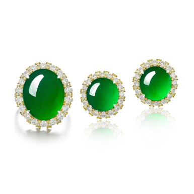 View full screen - View 1 of Lot 1766. Jadeite, Coloured Diamond and Diamond Demi-Parure | 天然翡翠 配 彩色鑽石 配 鑽石 戒指 及 耳環套裝.