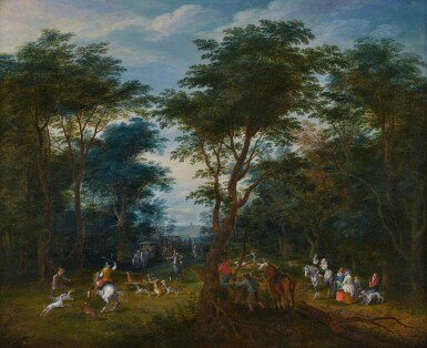 View full screen - View 1 of Lot 47. A wooded landscape with a stag hunt and elegant figures | Waldlandschaft mit Hirschjagd und einer eleganten Gesellschaft.