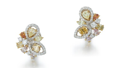 View full screen - View 1 of Lot 9106. PAIR OF COLOURED DIAMOND AND DIAMOND EARRINGS | 彩色鑽石 配 鑽石 耳環一對 .