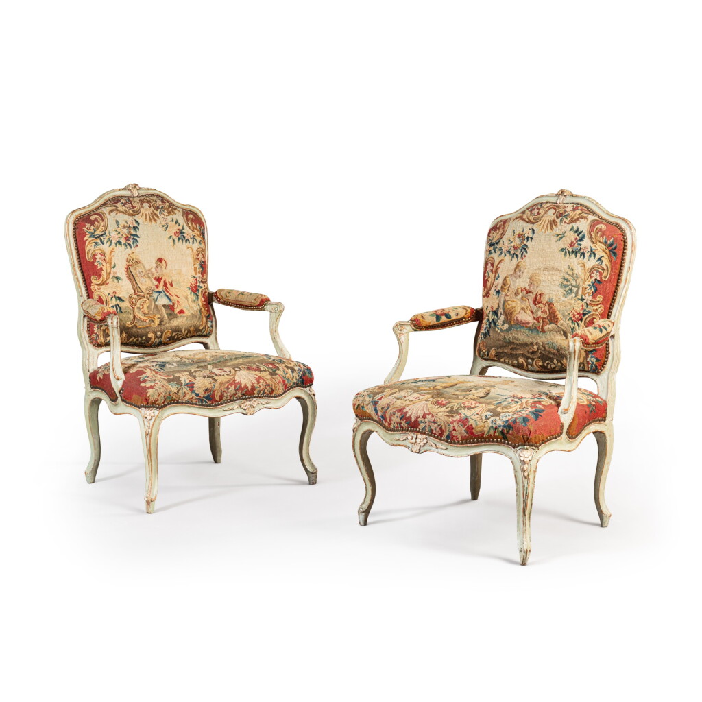 View full screen - View 1 of Lot 265. A pair of Louis XV white and yellow relacquered wood armchairs, circa 1750, stamped by Jean-Etienne de Saint-Georges.