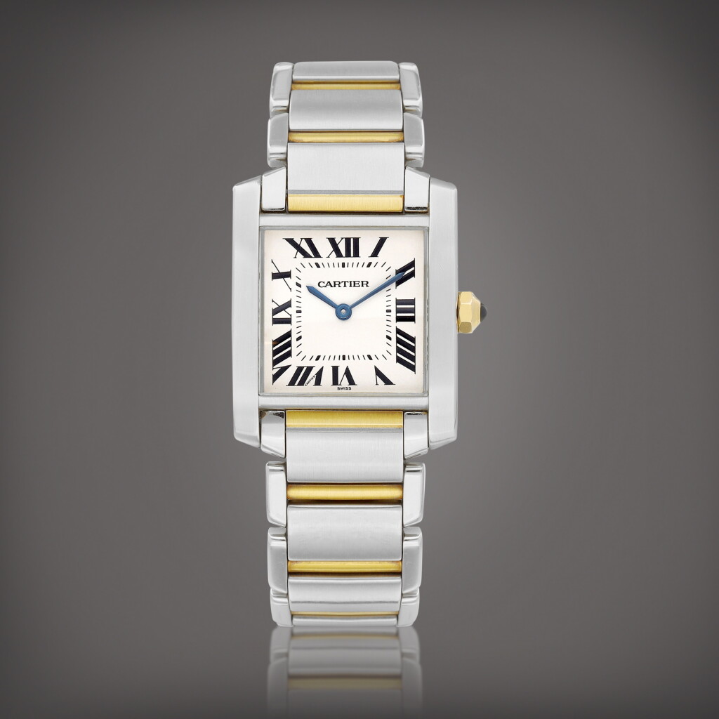 View full screen - View 1 of Lot 756. Tank Française, Reference 2301 | A yellow gold and stainless steel wristwatch with bracelet, Circa 1999 | 卡地亞 | Tank Française 型號2301 | 黃金及精鋼鏈帶腕錶,約1999年製.