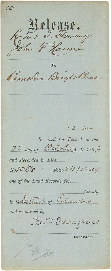View full screen - View 1 of Lot 21. Douglass, Frederick | A deed signed by the great abolitionist and orator.