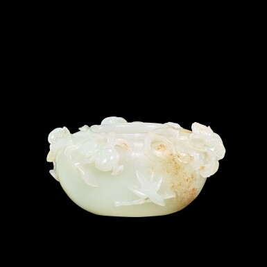 View full screen - View 1 of Lot 3691. A finely carved white jade 'fruit' waterpot Qing dynasty, Yongzheng – Qianlong period | 清雍正至乾隆 白玉福壽紋水盂.
