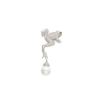 View full screen - View 1 of Lot 357. Tiffany & Co. | Cultured Pearl, Diamond and Emerald Brooch.