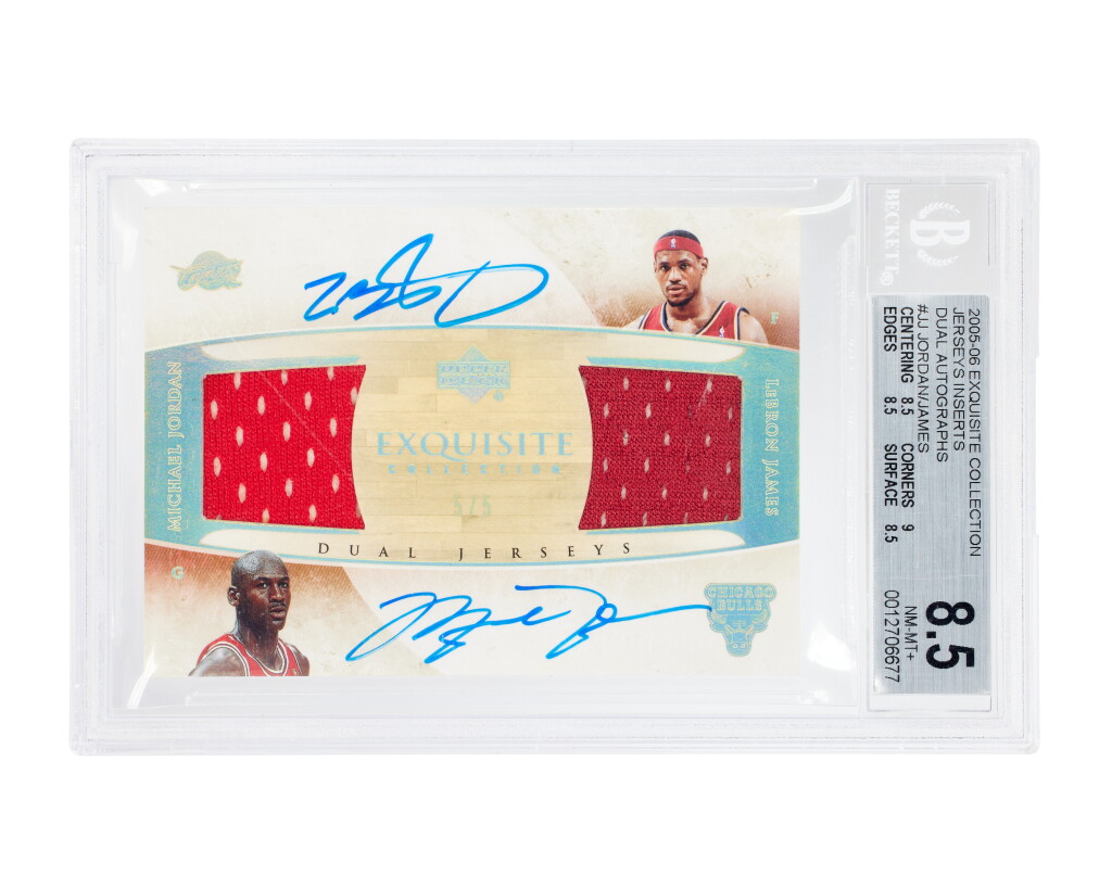 View full screen - View 1 of Lot 7. LeBron James Michael Jordan 2005-06 Upper Deck Exquisite Collection Jerseys Inserts Dual Autographs 5/5 #DJA-JJ BGS 8.5/10 | Game-Used Jerseys | On-Card Autographs.