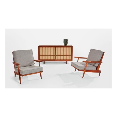 View full screen - View 1 of Lot 243. GEORGE NAKASHIMA | PAIR OF "CONOID CUSHION" ARMCHAIRS.