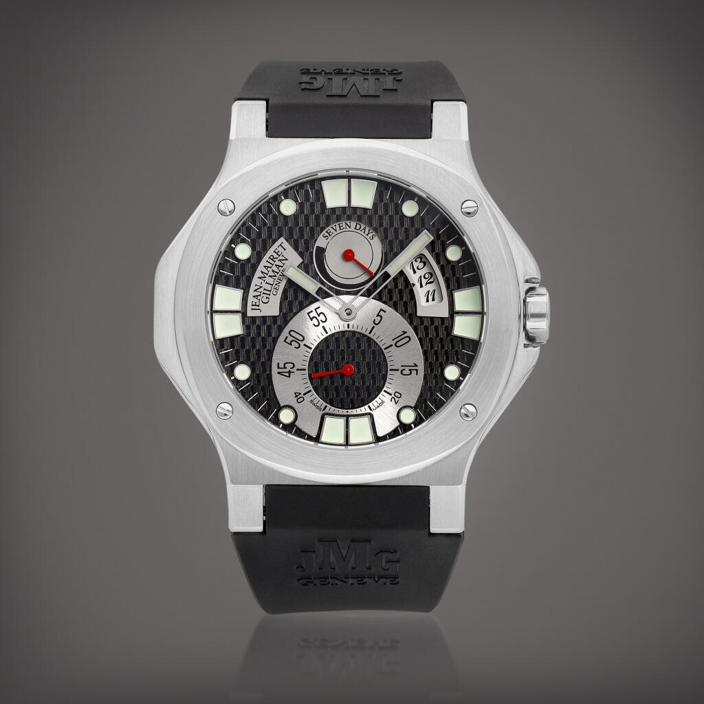 View full screen - View 1 of Lot 8921. Jean-Mairet & Gillman | Seven Day Sport | A limited edition stainless steel wristwatch with date and power reserve indication, Circa 2005 | Seven Day Sport | 精鋼限量版腕錶,備日期及動力儲備顯示,約2005年製.