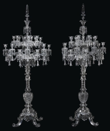 View full screen - View 1 of Lot 162. A PAIR OF LARGE SCALE FRENCH CUT-CRYSTAL TWENTY-FOUR LIGHT TORCHÈRES, CRISTALLERIES DE BACCARAT, 20TH CENTURY.