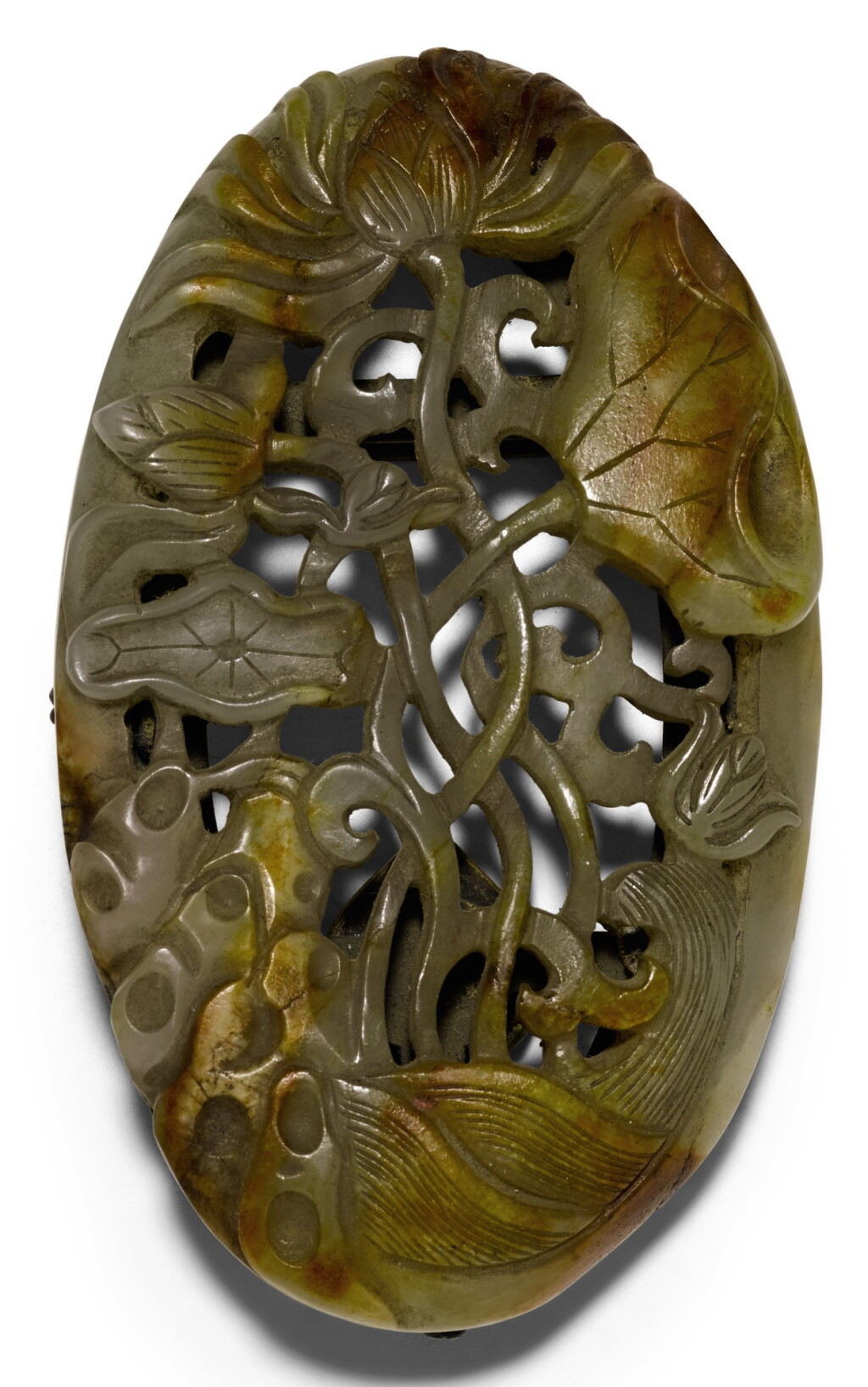 View full screen - View 1 of Lot 271. A CELADON AND RUSSET JADE RETICULAED PLAQUE YUAN/MING DYNASTY | 元/明 青玉鏤雕荷塘紋牌飾.