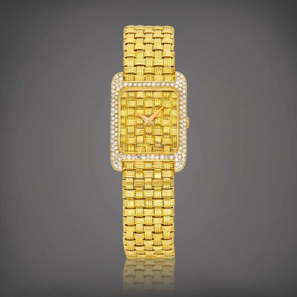 View full screen - View 1 of Lot 2224. Reference 3401 RE | A yellow gold and diamond-set bracelet watch, Circa 1970 | 江詩丹頓 | 型號3401 RE | 黃金鑲鑽石鏈帶腕錶,約1970年製.