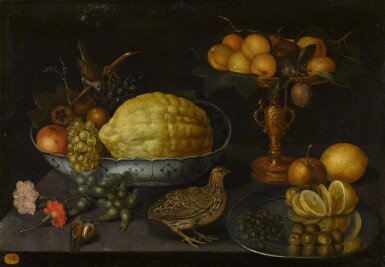 View full screen - View 1 of Lot 16. Still life of a citron, grapes, an apple and other fruits in a porcelain bowl with a sparrow, with plums and apricots in a gilt tazza and a sliced lemon, olives and capers on a salver, with hazelnuts, flowers and a quail, all upon a ledge.