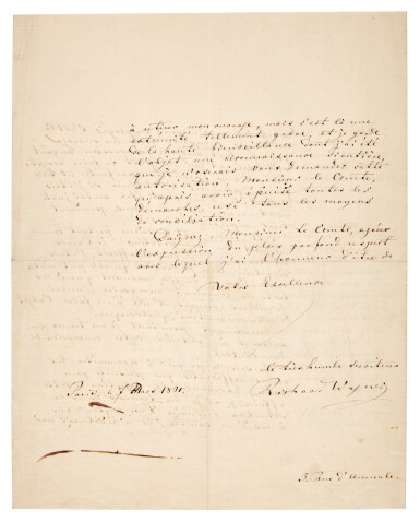 View full screen - View 1 of Lot 161. Richard Wagner | Autograph letter signed, to Count Colonna-Walewski, 7 March 1861, ABOUT "TANNHÄUSER".