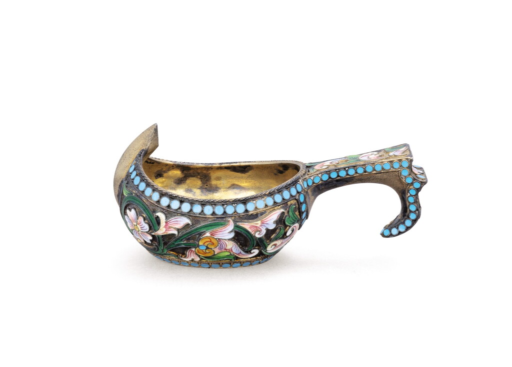 View full screen - View 1 of Lot 65. A small Russian silver-gilt and cloisonné enamel Kovsh, 1896-1897,.