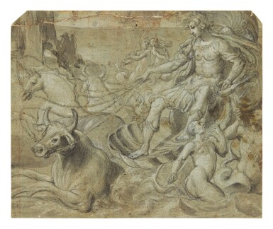 View full screen - View 1 of Lot 593. FLORENTINE SCHOOL, CIRCA 1580 | A MYTHOLOGICAL FIGURE RIDING A SHELL-CHARIOT DRAWN BY BULLS AND A UNICORN, WITH TRITONS PLAYING IN THE WAVES.