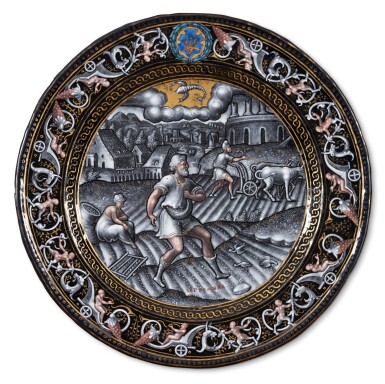 View full screen - View 1 of Lot 115. A Limoges polychrome painted enamel plate depicting of the Month of September, Workshop of Pierre Reymond (1513-1584), Circa 1570.