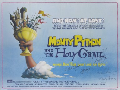 View full screen - View 1 of Lot 245. MONTY PYTHON AND THE HOLY GRAIL (1975) POSTER, BRITISH, SIGNED BY JOHN CLEESE, TERRY GILLIAM, ERIC IDLE, TERRY JONES, MICHAEL PALIN AND NEIL INNES.