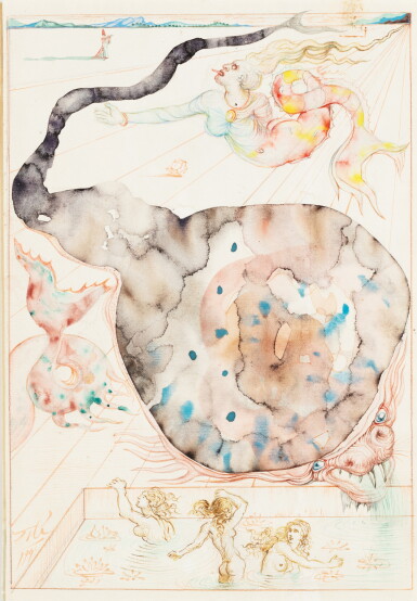 View full screen - View 1 of Lot 14. SALVADOR DALÍ | LE BAIN DE LA VILLA NIRVÂNA AVEC ÉVOCATION DES MOSAÏQUES DE TIMGAD ET DES SCULPTURES DES BAIGNEUSES EN ALBÂTRE, ILLUSTRATION POUR L'OUVRAGE DE MAURICE SANDOZ DAS HAUS OHNE FENSTER (1948), LA MAISON SANS FENÊTRE (1949) .