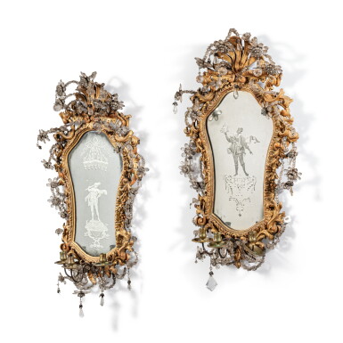 View full screen - View 1 of Lot 1. A pair of Italian giltwood and glass girandole mirrors, Venice, mid-18th century.