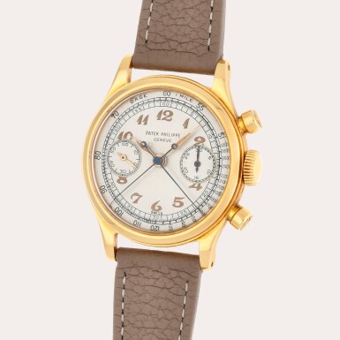 View full screen - View 1 of Lot 18. Reference 1563 | A unique yellow gold split-second chronograph wristwatch with luminous Breguet numerals and hands | Made in 1947.