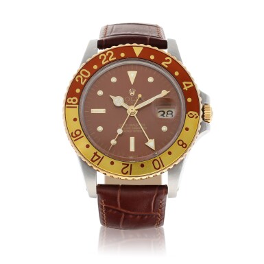 View full screen - View 1 of Lot 9243. Rolex | GMT-Master "Rootbeer", Reference 1675, A yellow gold and stainless steel dual time zone wristwatch with date, Circa 1972 | 勞力士 | GMT-Master "Rootbeer" 型號1675 黃金及精鋼兩地時間鏈帶腕錶,備日期顯示,約1972年製.