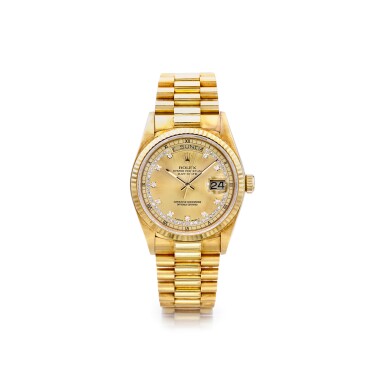 View full screen - View 1 of Lot 872. ROLEX | REF 18038 DAY-DATE, A YELLOW GOLD AND DIAMOND-SET AUTOMATIC CENTER SECONDS WRISTWATCH WITH DAY AND DATE, CIRCA 1987 | 勞力士 | 18038型號「DAY-DATE」黃金鑲鑽石自動上鏈腕錶備星期及日期顯示,年份約1987.