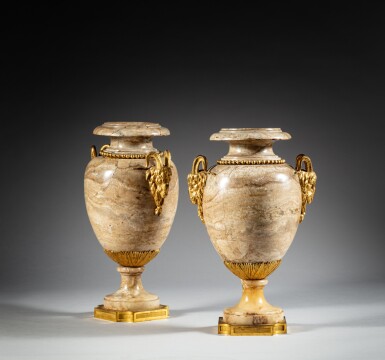 View full screen - View 1 of Lot 441. A pair Louis XVI gilt-bronze mounted hardstone and alabaster vases, circa 1780 | Paire de vases en pierre dure, albâtre et monture de bronze doré d'époque Louis XVI, vers 1780.