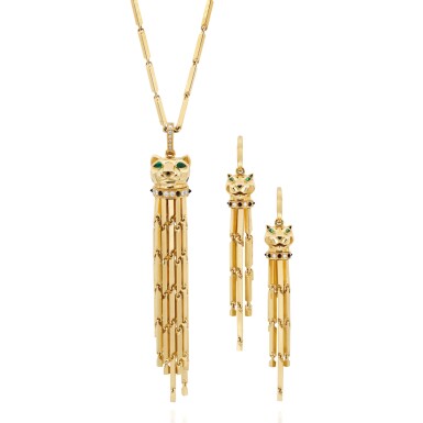 View full screen - View 1 of Lot 1649. CARTIER | 'PANTHÈRE' EMERALD, ONYX, ENAMEL AND DIAMOND DEMI-PARURE 卡地亞 | 'Panthère' 祖母綠, 縞瑪瑙 配 琺瑯彩 及 鑽石 項鏈及吊耳環套裝.