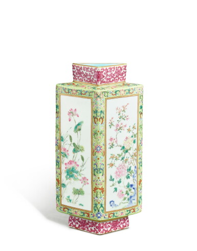 View full screen - View 1 of Lot 9860. A lime-green-ground famille-rose facetted wall vase, Seal mark and period of Jiaqing | 清嘉慶 綠地粉彩開光花卉紋轎瓶 《大清嘉慶年製》款.