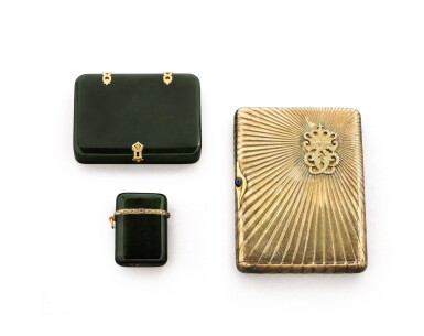 View full screen - View 1 of Lot 74. Two Russian cigarette cases, one nephrite and one silver-gilt applied with initials, together with a Russian nephrite box case, circa 1900.