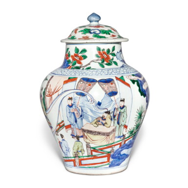View full screen - View 1 of Lot 694. A wucai 'figural' jar and a cover, Qing dynasty, Shunzhi period | 清順治 青花五彩人物故事圖配蓋.