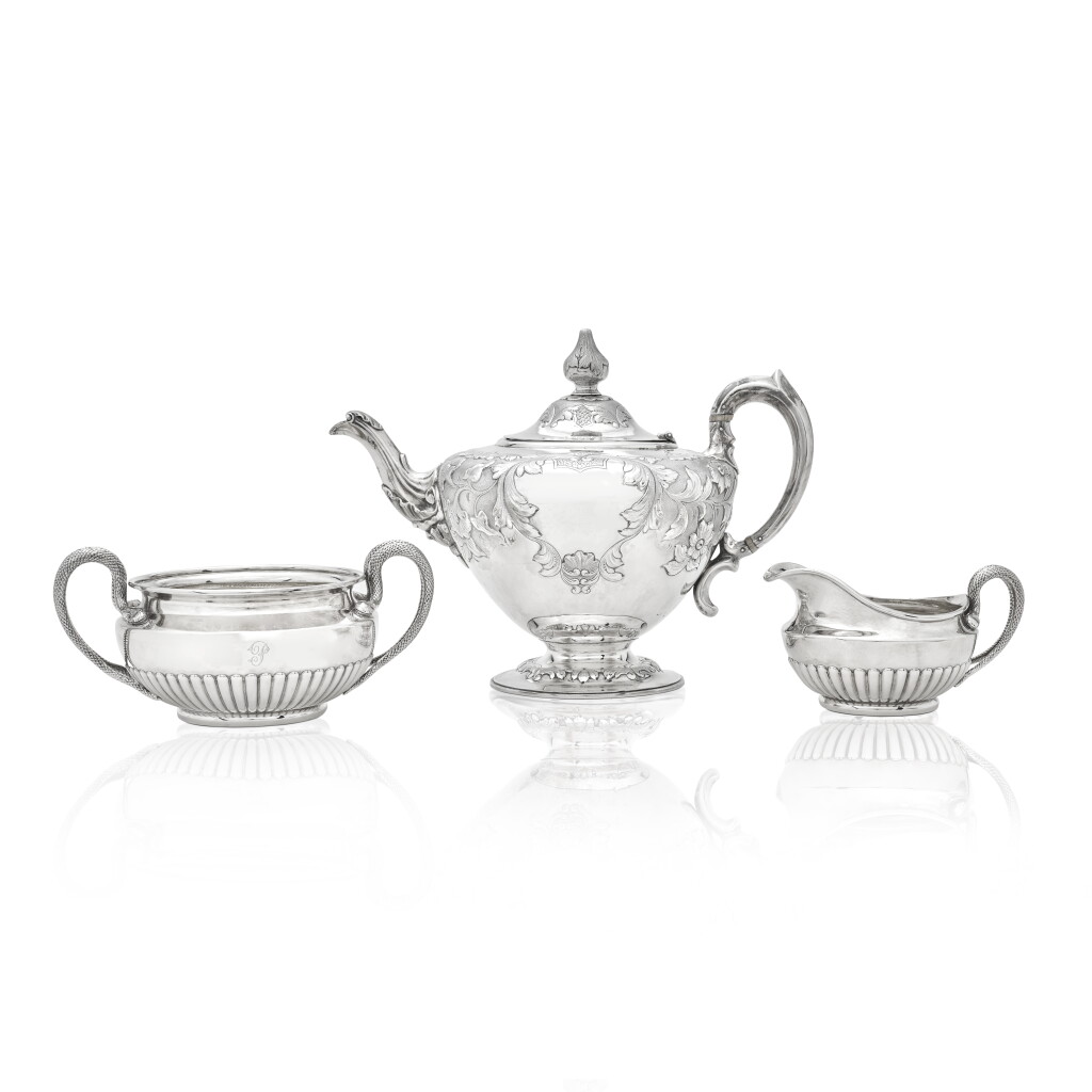 View full screen - View 1 of Lot 539. A composite George III and Victorian silver tea service, the sugar bowl and cream jug, William Burwash, London, 1814; the tea pot, Hayne & Carter, London, 1849.