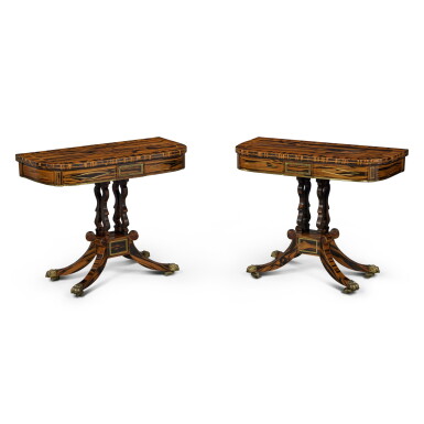 View full screen - View 1 of Lot 92. A PAIR OF REGENCY BRASS-INLAID CALAMANDER GAMES TABLES ATTRIBUTED TO GEORGE OAKLEY , circa 1810.