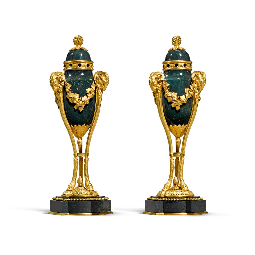 View full screen - View 1 of Lot 90. A pair of Louis XVI style gilt-bronze mounted blood stone pots pourri, late 19th century.