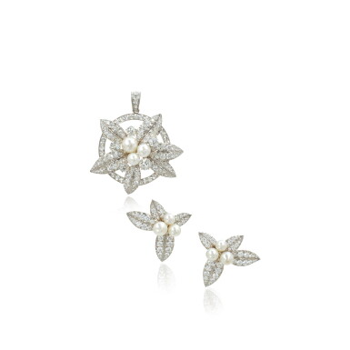 View full screen - View 1 of Lot 872. Natural pearl and diamond demi-parure.