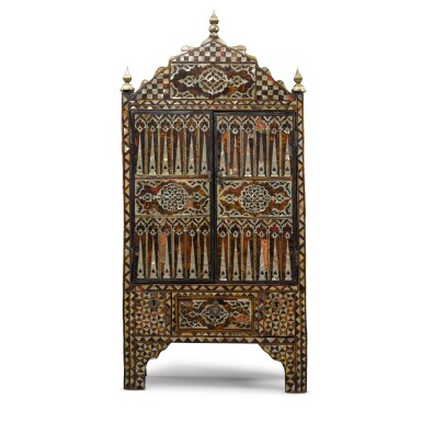 View full screen - View 1 of Lot 10. An Ottoman tortoiseshell, bone and mother-of-pearl composite inlaid cabinet, Turkey, 19th century.