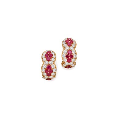 View full screen - View 1 of Lot 68. PAIR OF RUBY AND DIAMOND EARCLIPS, VAN CLEEF & ARPELS, FRANCE.