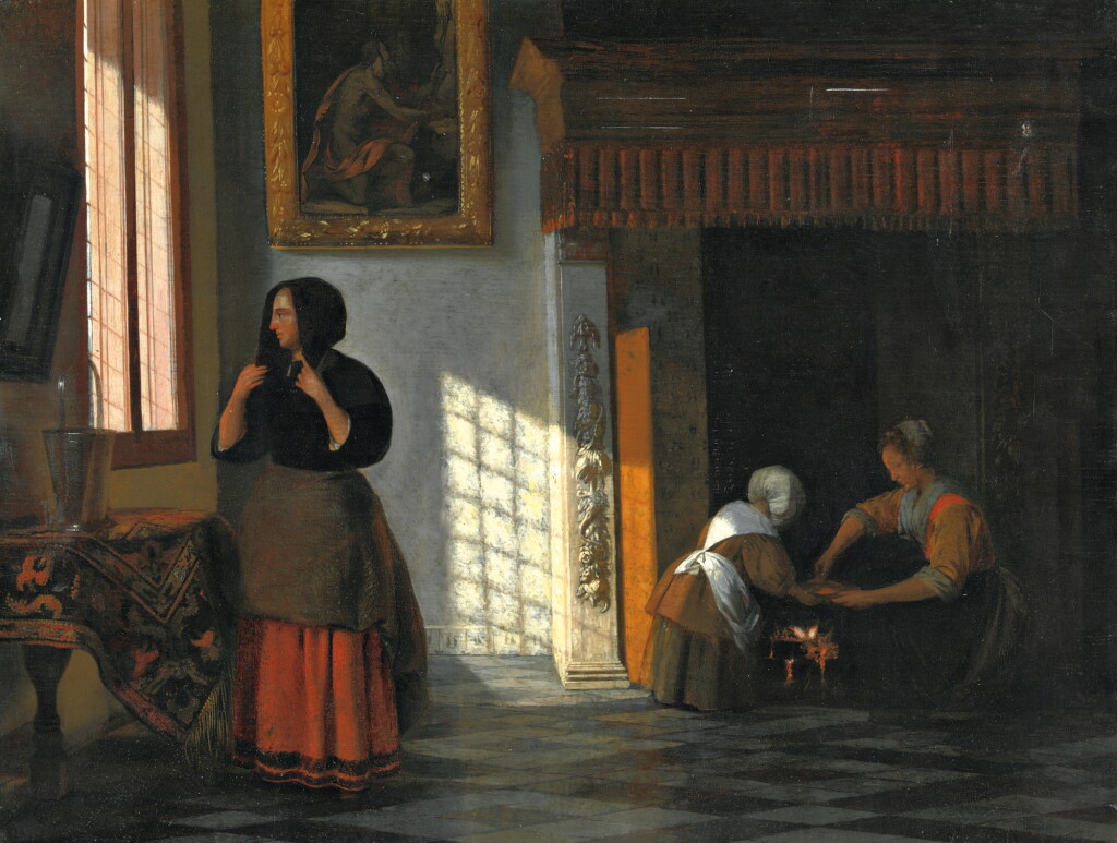 View full screen - View 1 of Lot 443. Interior with a woman preparing to depart, two servants by a fire.