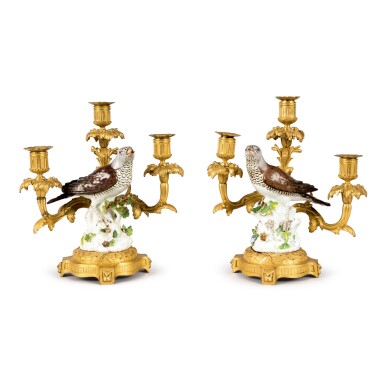 View full screen - View 1 of Lot 218. A PAIR OF LOUIS XV/LOUIS XVI TRANSITIONAL GILT BRONZE AND MEISSEN PORCELAIN THREE-LIGHT CANDELABRA, THIRD QUARTER 18TH CENTURY.