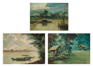 View full screen - View 1 of Lot 524. Henri Mege 亨利·美治 | (i) Evening at Thanh Da near Thi Nghe, Saigon
(ii) Afternoon in the River of Perfume, Hue
(iii) Landscape of Annam (i) 西貢市藝運河旁的清娜傍晚
(ii) 順化香江的午後
(iii) 安南風景.