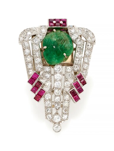View full screen - View 1 of Lot 14. EMERALD, RUBY AND DIAMOND BROOCH (SPILLA CON SMERALDO, RUBINI E DIAMANTI), 1930S .