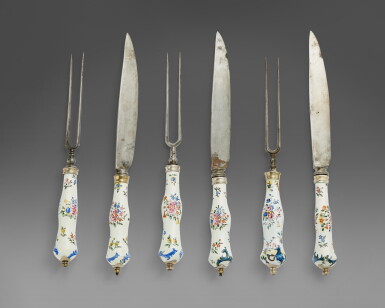 View full screen - View 1 of Lot 698. A Set of Silver and Steel-Mounted Continental Enamel Flatware Set, 18th Century.
